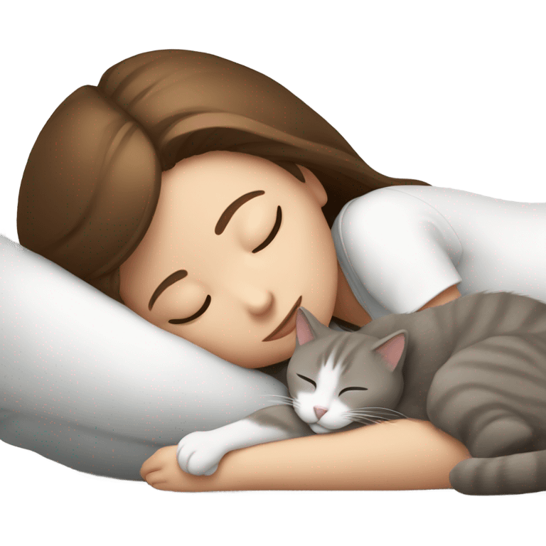 sleeping girl brown hair laying next to white and gray cat emoji