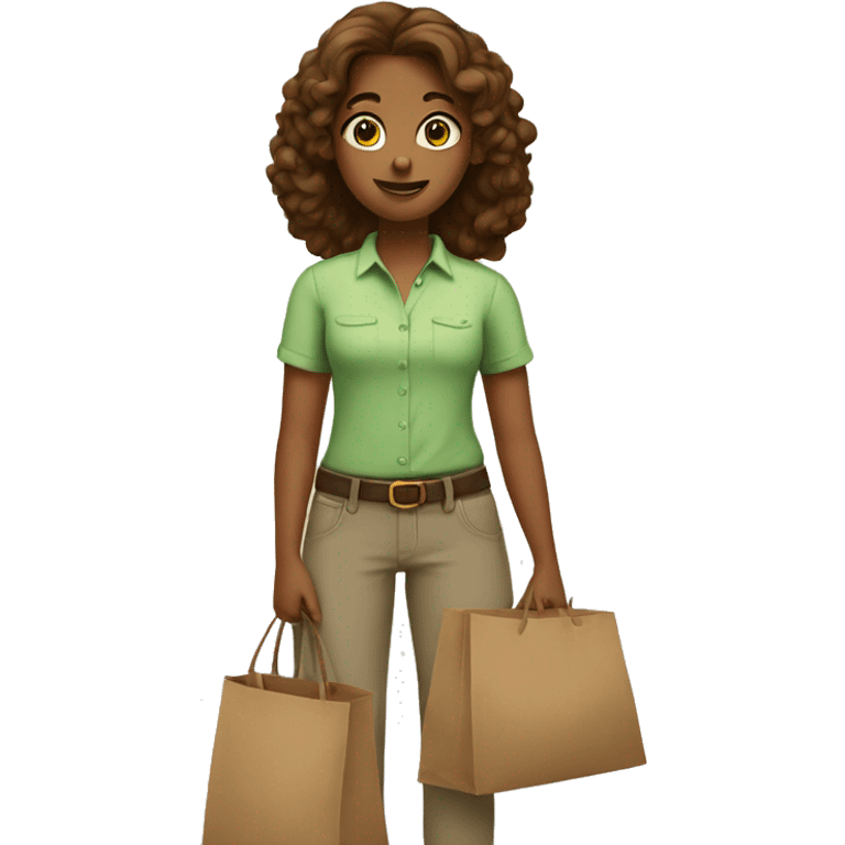 A girl in a light green shirt and pants, in her hands a brown bag emoji