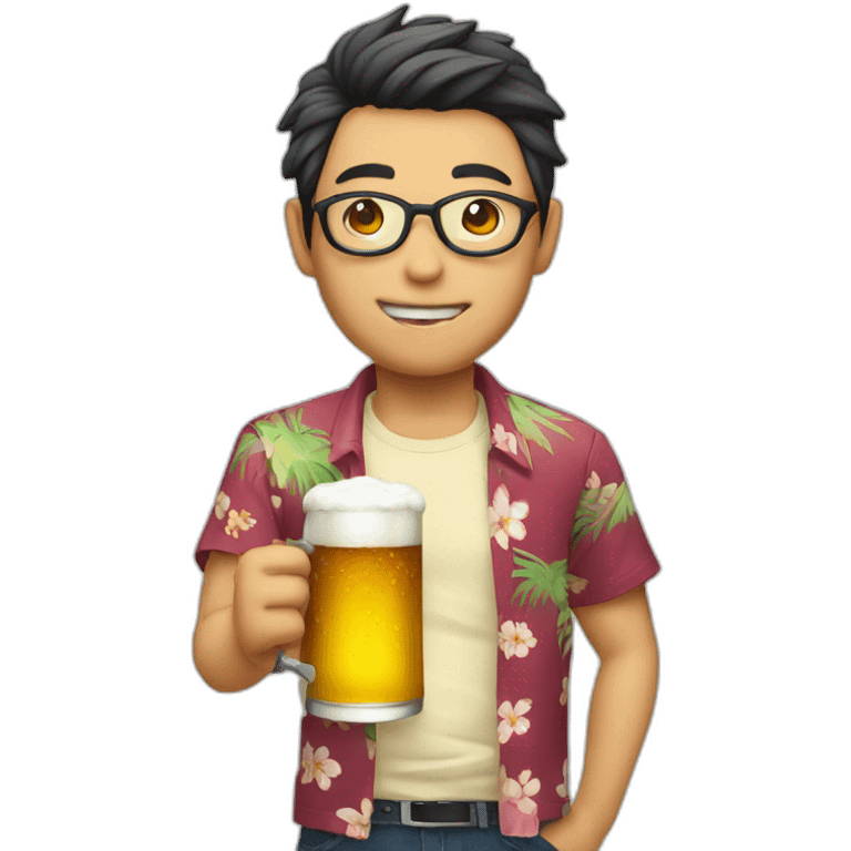 Japanese wearing roundglasses alohashirt is holding beer emoji