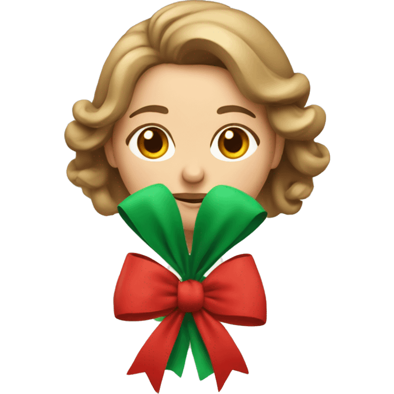 Middle aged woman with light brown hair learning how to tie a Christmas bow emoji