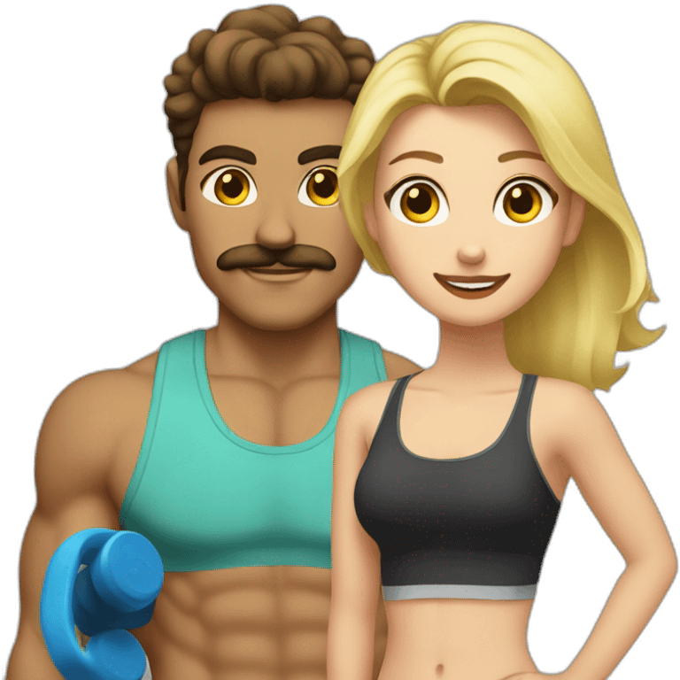 A guy with brown hair and a mustache going to the gym with a blonde girl emoji