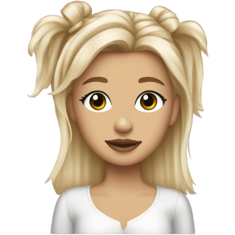  Create a sticker of a blonde girl with pearl beige highlights in her hair, holding a slightly messy Yorkie with a little bow. emoji