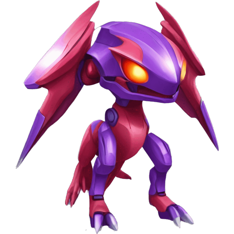 a shiny purple-red Genesect-Raptor-Fakémon—hybrid with a futuristic visor-helmet full body emoji