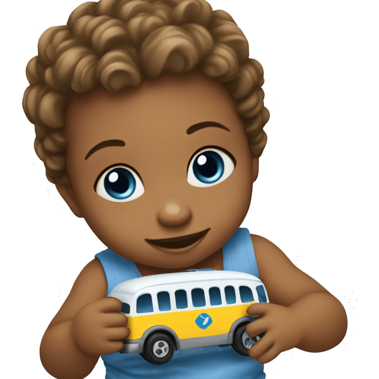 Baby playing with a toy bus blue eyes  emoji