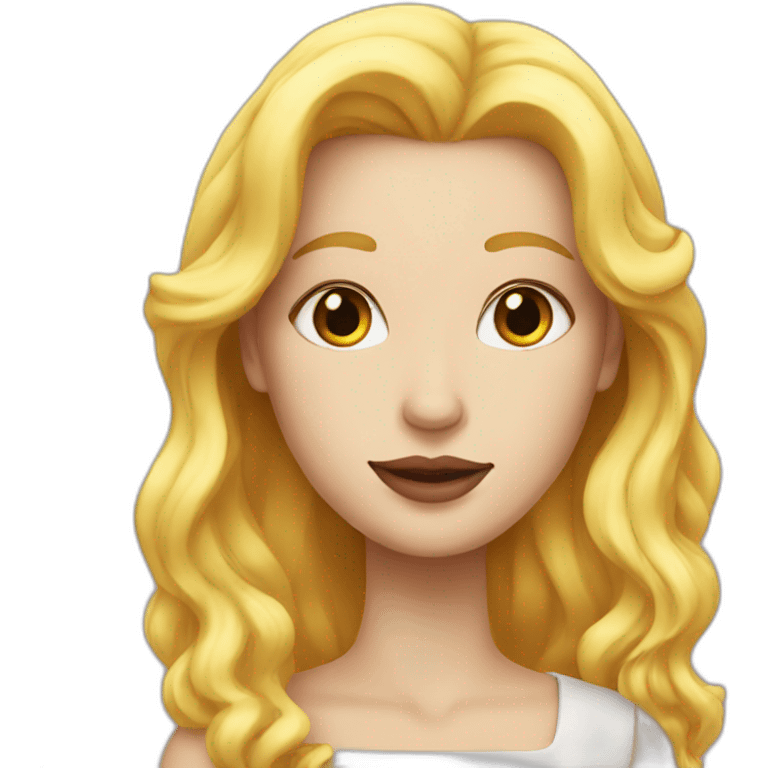 A white woman with yellow hair and pink lipstick with long hair and a top emoji