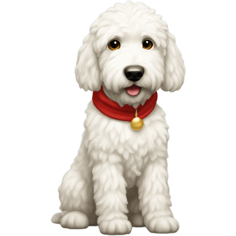 A white golden doodle with a skinny face wearing a Santa outfit  emoji