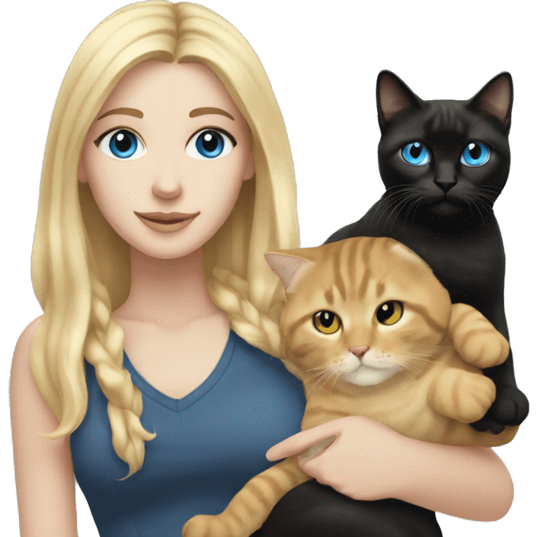 White girl, long blonde hair, blue eyes holding a black tabby cat emoji