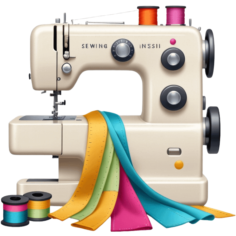 Sewing icon, sewing machine with thread, visible needle, spools of thread, fabric pieces cut according to patterns, measuring tape, pins, scissors, and a dress in progress, minimalistic style, clean lines, transparent background. emoji