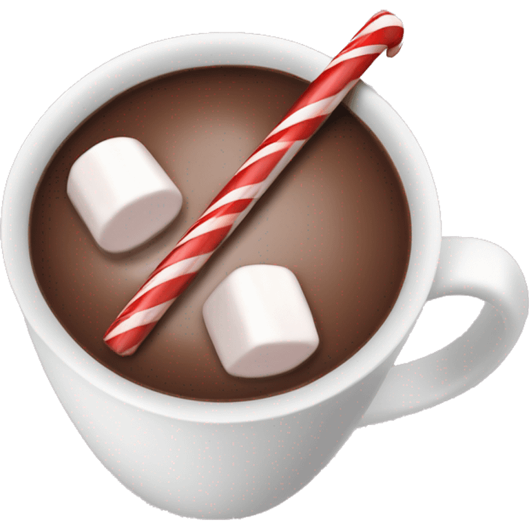 hot chocolate in a mug with marshmallows and a candy cane and a chocolate rod emoji