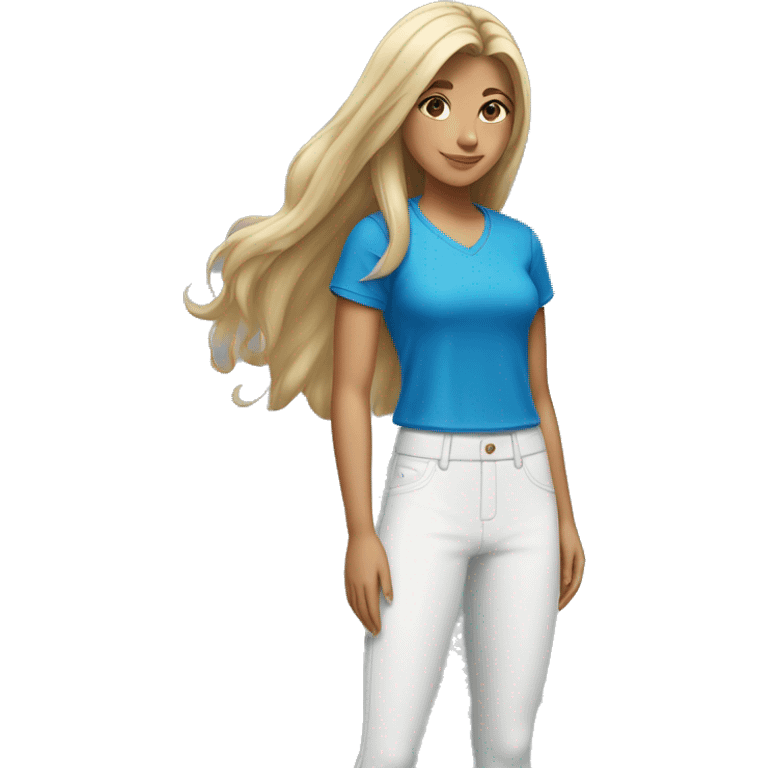 a girl with white trousers, nike tennis shoes, blue top and the girl with her hair down. emoji