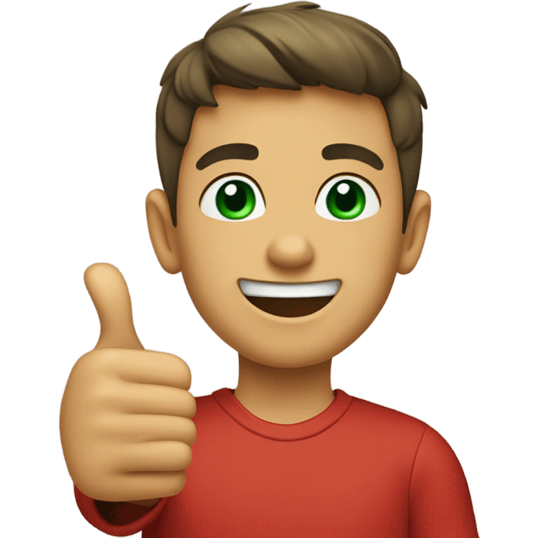 smiling boy in red shirt with thumbs up and green eyes emoji