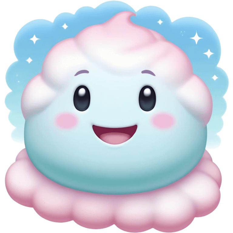 Cinematic fluffy pastel marshmallow character, soft round edges, tiny sparkly eyes, a small happy smile, glowing warmly, floating in a dreamy soft sky. emoji