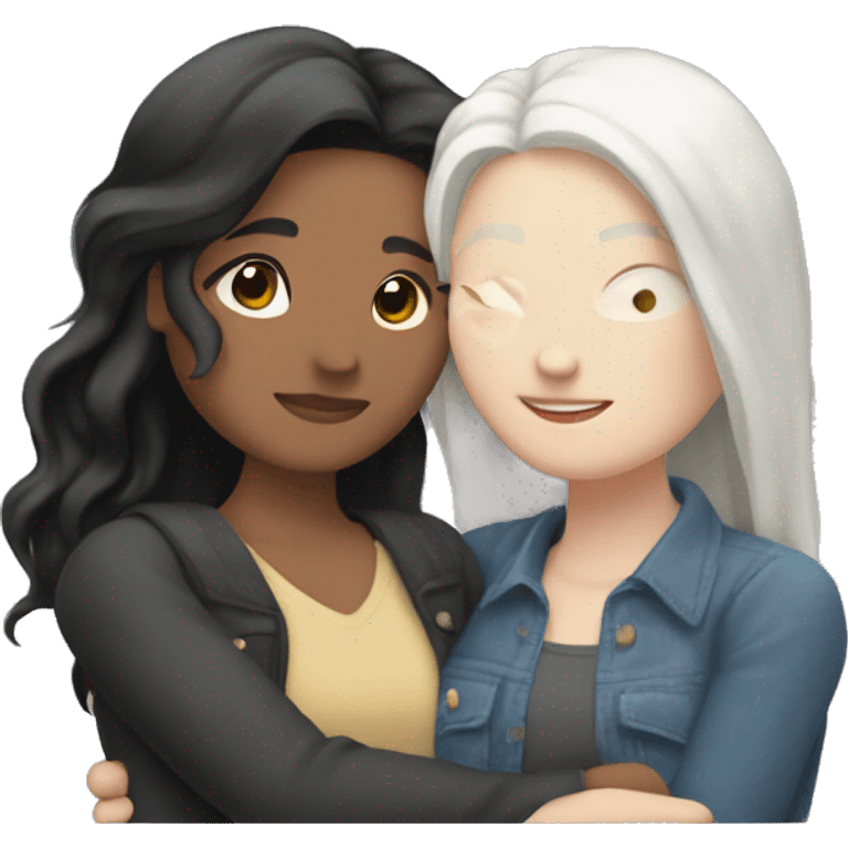 A lesbian couple that both have white skin and long black hair are hugging intimately, and romantically. emoji