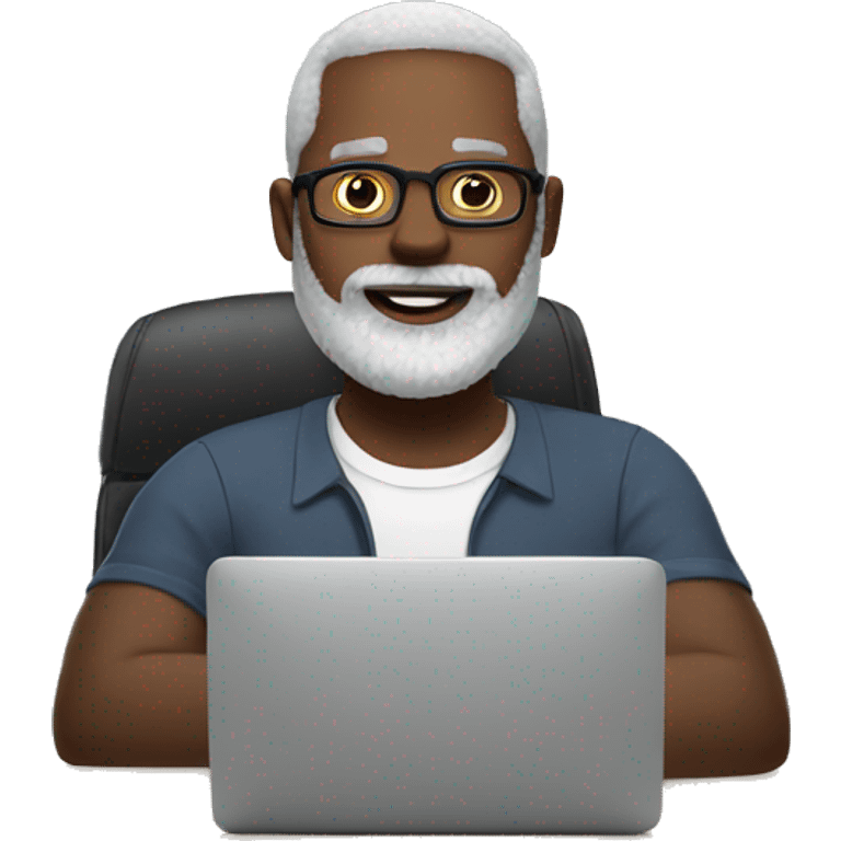 Black man with white beard sitting at office computer  emoji