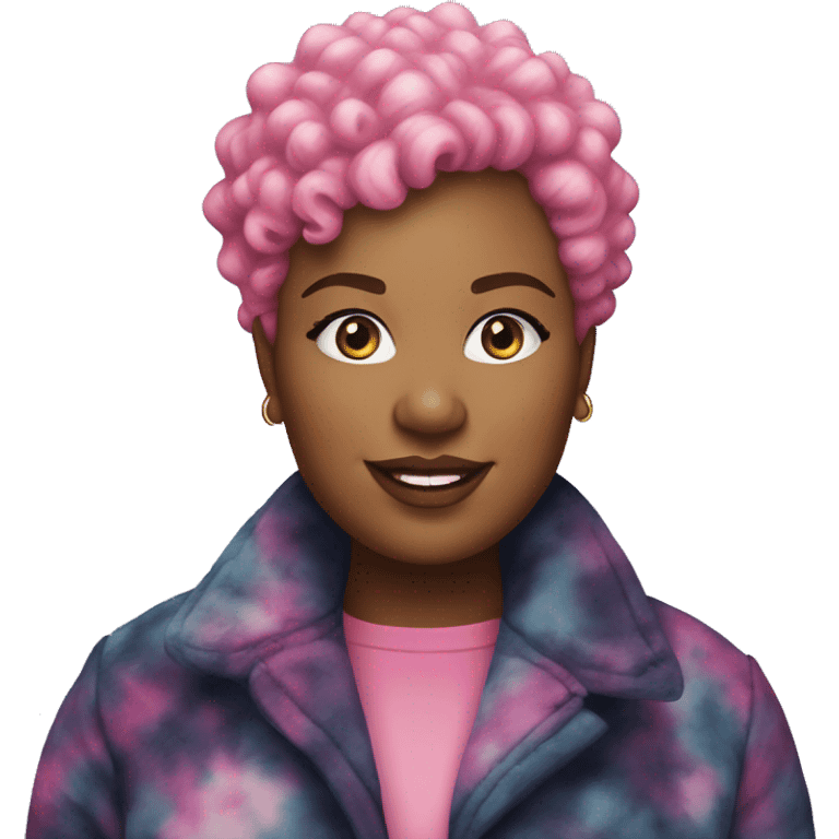 Plus size black woman with pink curly pixie cut hair and a tie dye winter coat  emoji