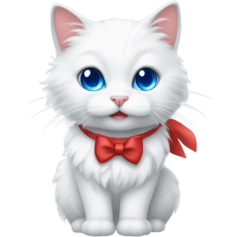 white fluffy cat with grey ears and blue eyes and a red bow emoji