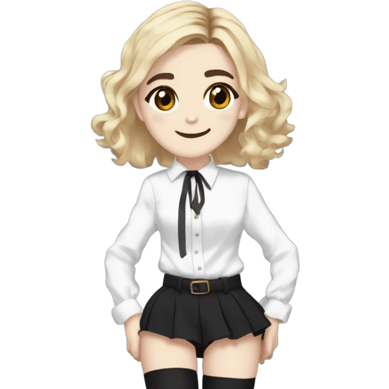 Anime version of Kiernan Shipka in 20denier black thigh highs and Strappy  platform high heel sandals with white blouse  emoji