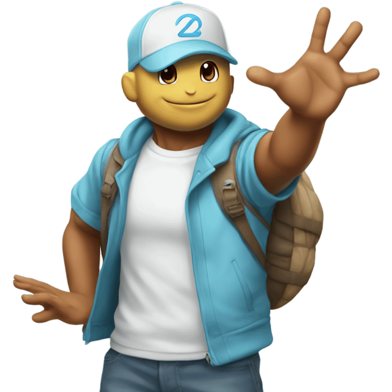 casual indoor portrait of male high fiving squirtle emoji