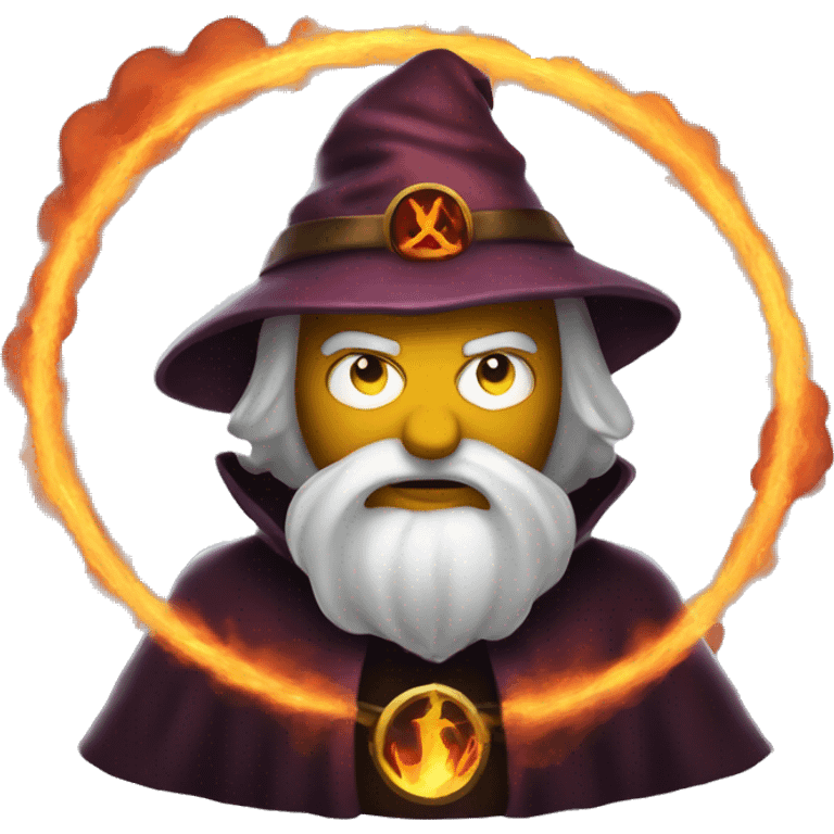 Human demonologist in a wizard costume, surrounded by a fiery halo, Halloween theme, emoji emoji