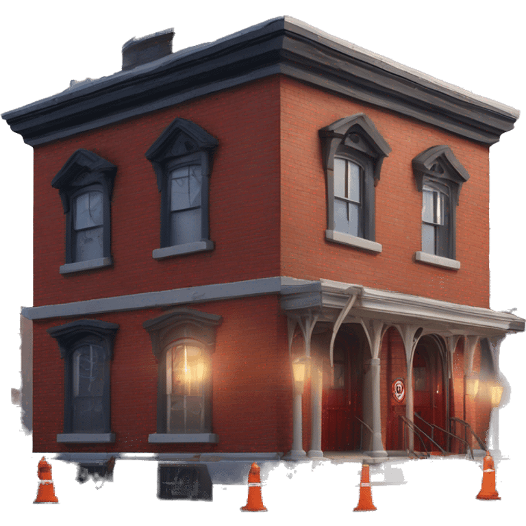 Very old dilapidated Firehouse building shaped like the Ghost Busters Firehouse with solar lights and decorative and detailed interior design with police barricades and police barriers around it  emoji