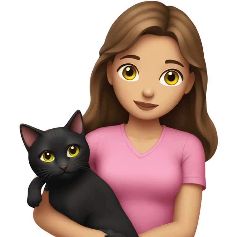 1 brown haired girl green colored eyes in a pink shirt snuggling black cat with yellow eyes emoji