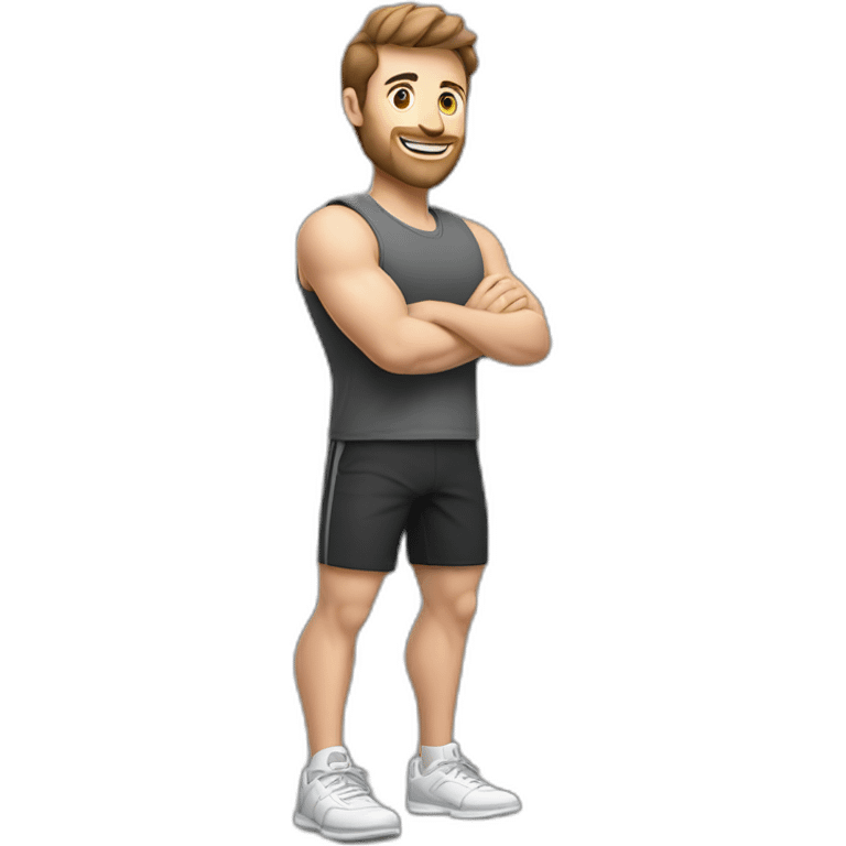 Full height realistic Actively gesturing with hands Pale skinned Fit Man With the biceps and brown hair in dark gray Sleeveless Mike, black oversize sports shorts, watch and white Sneakers emoji