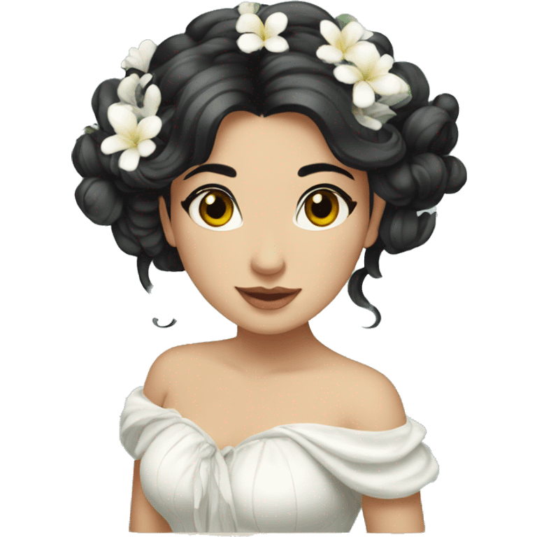 Pretty young Lady with black hair flowers in her hair white dress surrounded by flowing water emoji