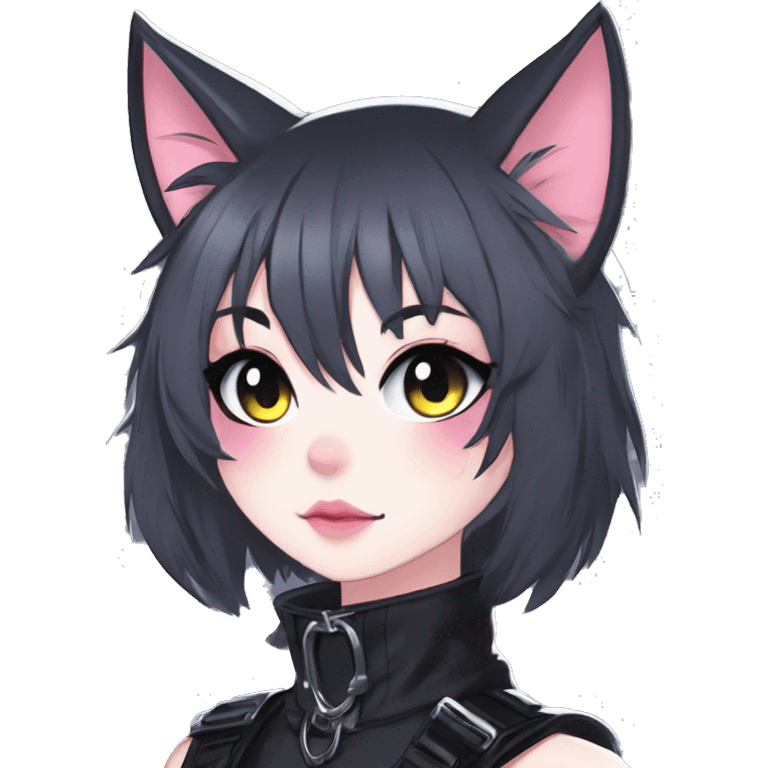 Gorgeous gothic dark techwear anime style anthro black cat furry with blushing face aesthetic and pretty edgy black with collar and harness trending style emoji