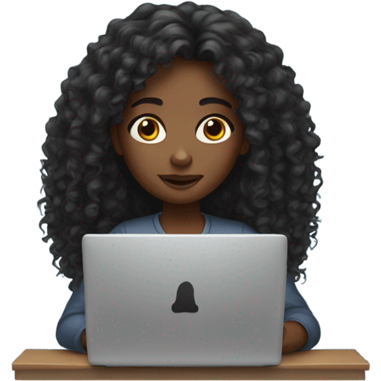 Black girl with long curly hair trying to work on laptop  emoji