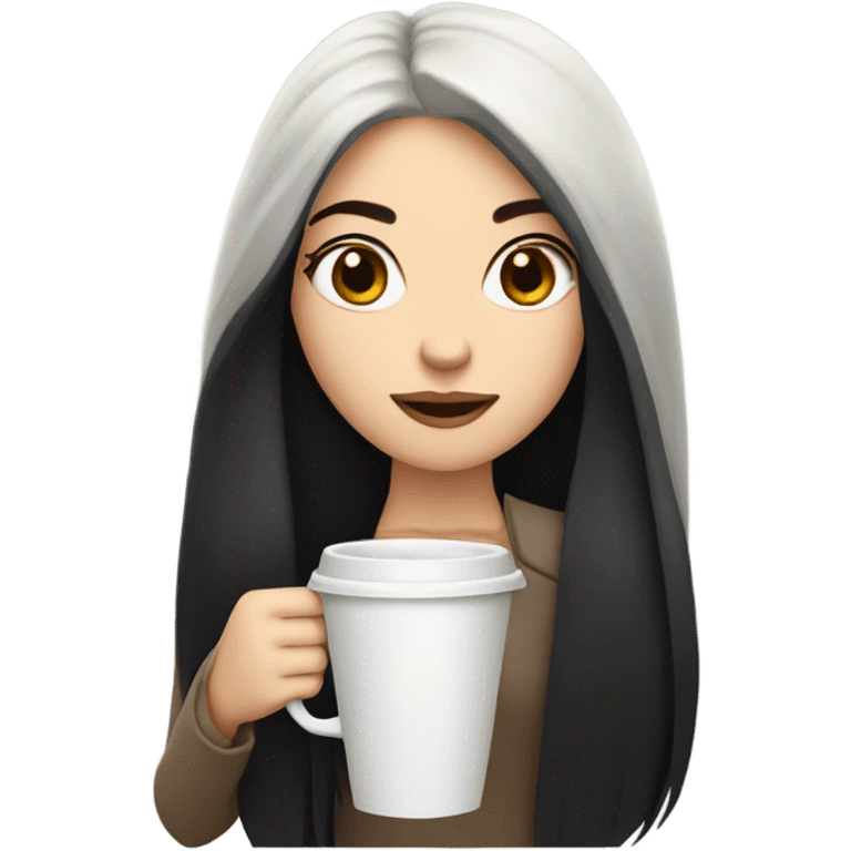 pale girl with a long black hair drinking a coffe emoji