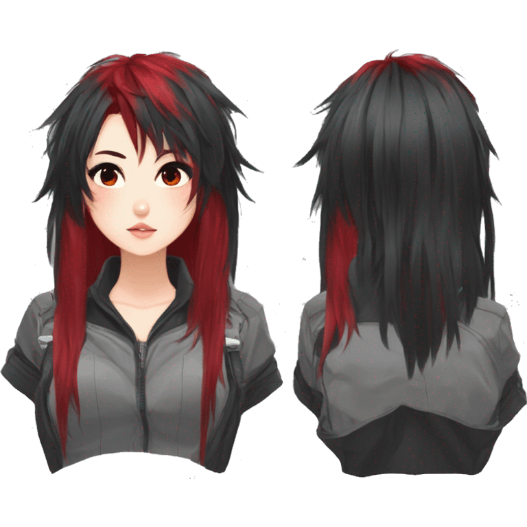 Gorgeous anime style tomboy-lady with blushing face aesthetic and pretty edgy black red punk hair with hair garment trending style emoji