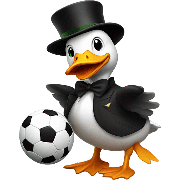 Duck playing soccer wearing a black top hat  emoji