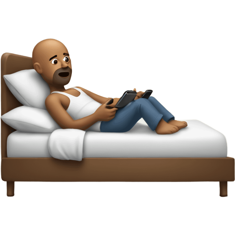 Bald brown man being lazy in bed with phone in hand emoji