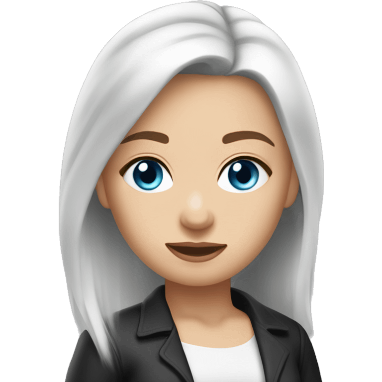 Slavic woman with blue eyes, eyes look up, fair skin, straight gradient medium length hair, eyes makeup, dressed in white T-shirt and office black jacket, one side of hair is tucked behind the ear. emoji