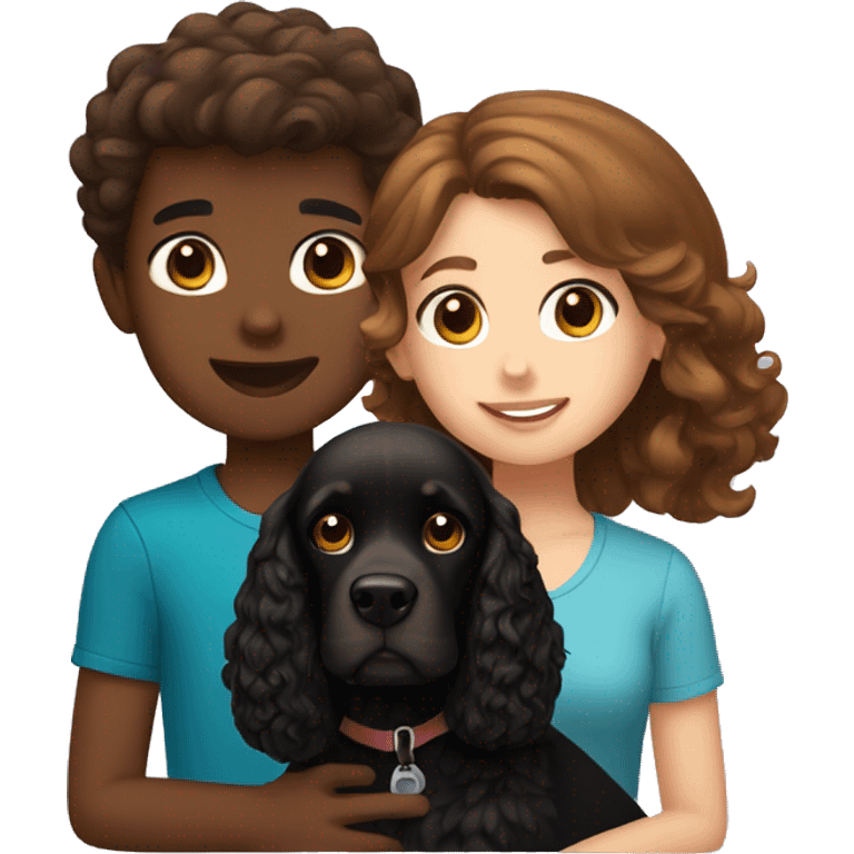 brown-haired girl and brown-haired boy with a black cocker spaniel emoji