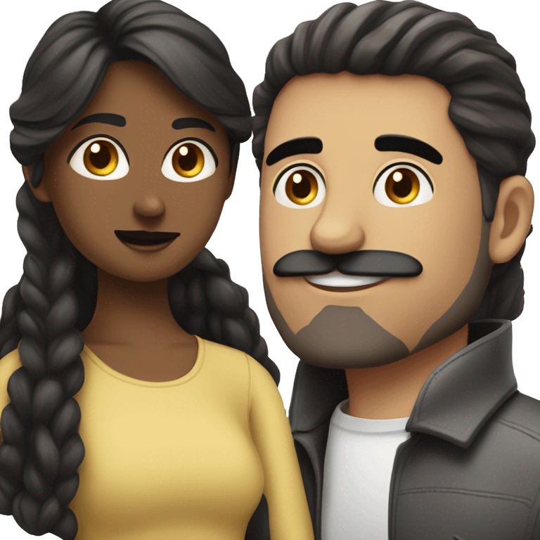 White Guy with black mustache and short straight black hair, kissing girl with long brown hair and brown eyes emoji