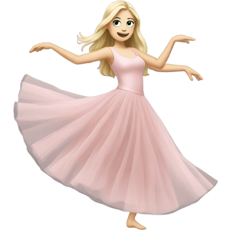 Realistic White woman with Long blonde straight hair and green eyes, full body wearing Long soft pink tiered tulle dress, dancing emoji