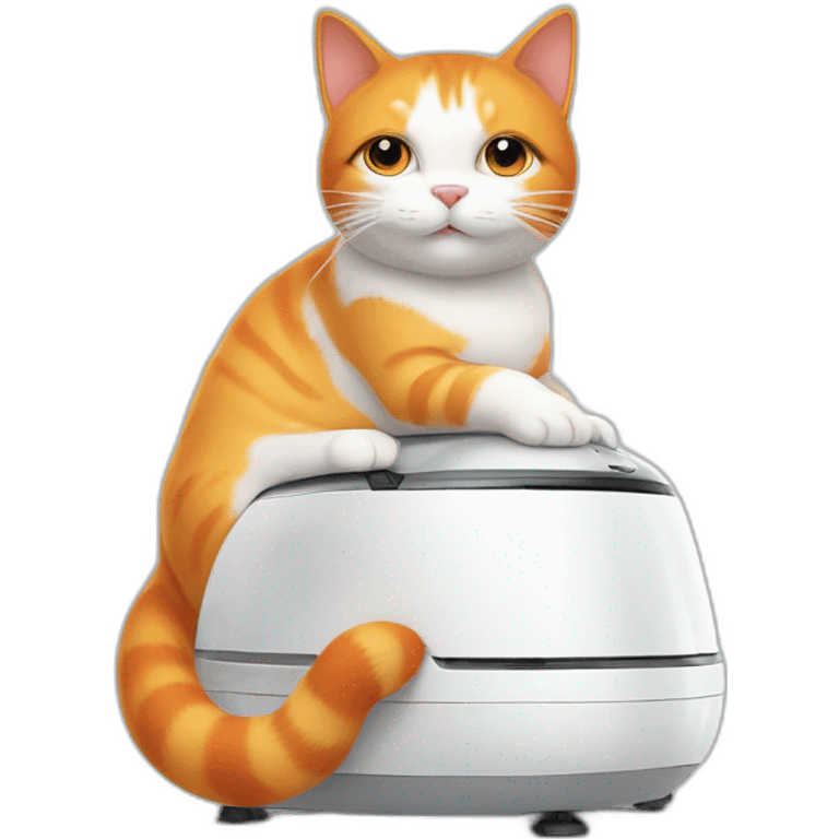 fat white and orange cat sitting on top of white robot vacuum emoji