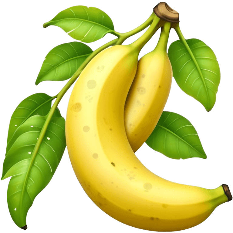 Cinematic Realistic Banana Emoji, Bright and cheerful, with a smooth, yellow peel slightly speckled with spots, revealing a soft, sweet interior. The banana is curved elegantly, standing out against the soft green leaves. Soft glowing outline, capturing the essence of tropical sweetness and energy in a ripe banana. emoji