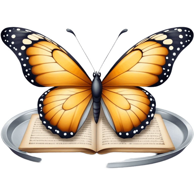 A butterfly balanced on a silver tray of old letters.
 emoji