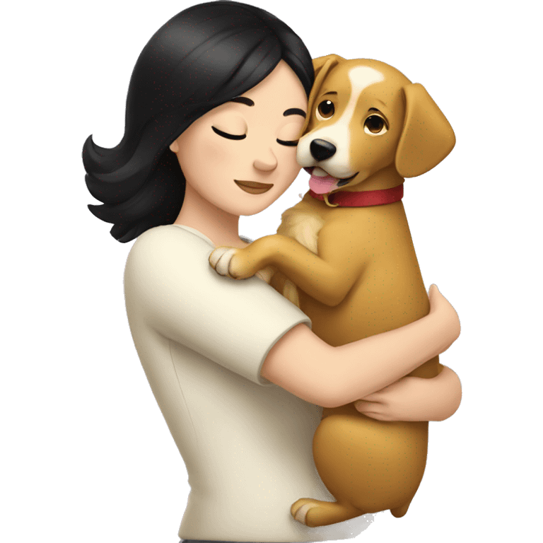 White woman with a black hair hugging a golden dog emoji