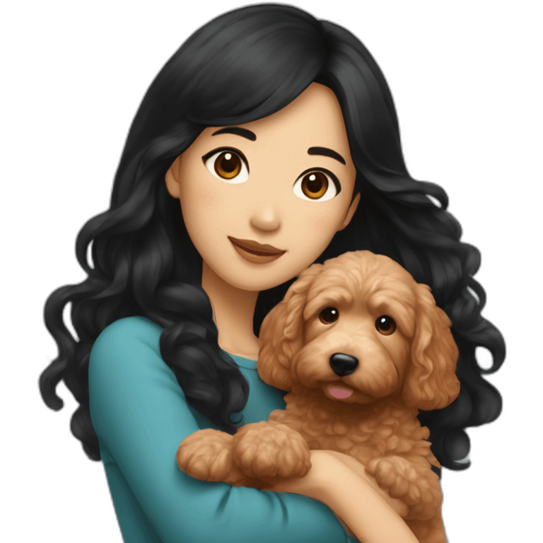 asian girl with long black hair holding red goldendoodle emoji