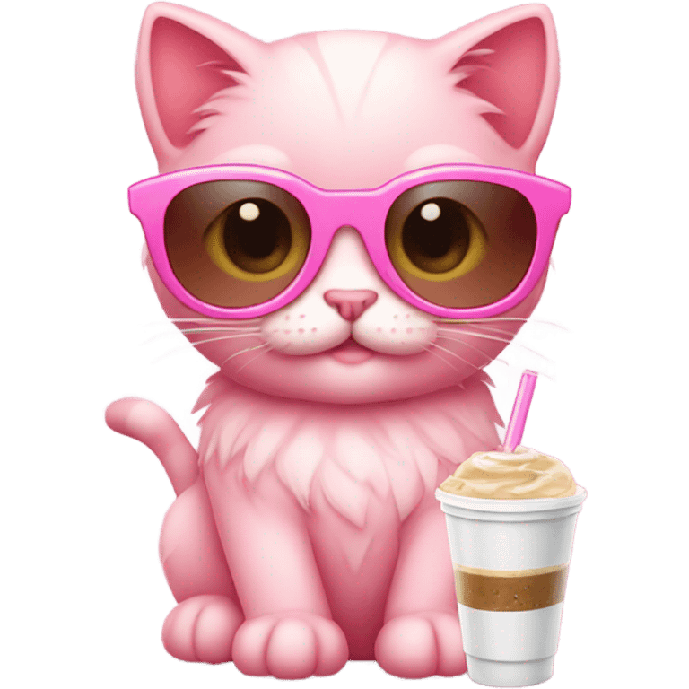 A pink kitten wearing sun glasses and holding a iced coffee emoji