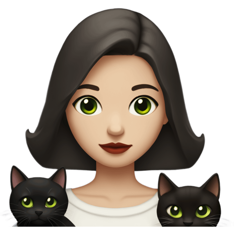 A teenage girl with white skin, she have some green hazel eyes, red lipstick, mid long straight dark brown hair, she have an eyeliner and she is holding a black cat in her arms, view from close emoji