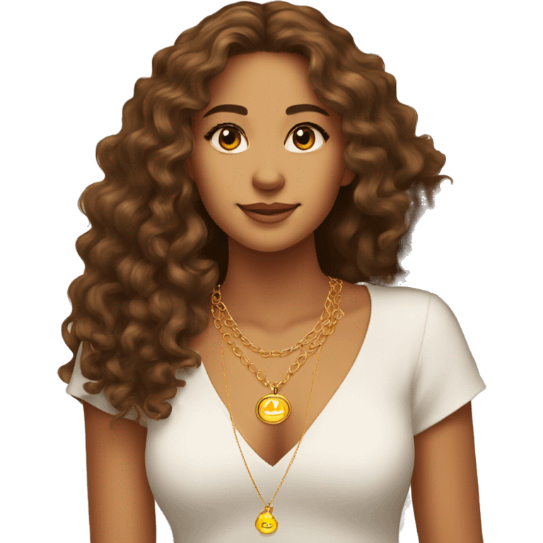 young woman tanned skin brown eyes brown long curly hair with sun gold necklace emoji