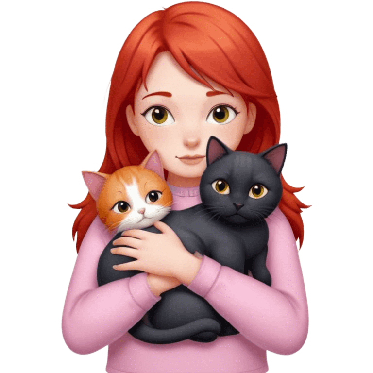 
a girl with red hair in pastel clothes hugs a black British cat emoji