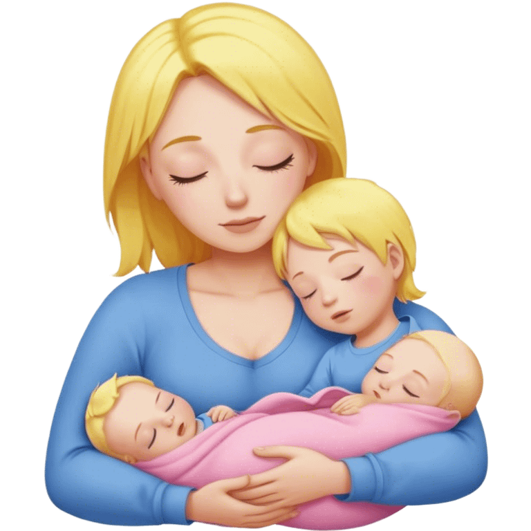 Mother is holding a baby, the mother has yellow hair and pink clothes, the baby is sleeping in blue clothes emoji