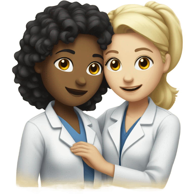 a black curly hair woman doctor hug a blonde straight hair girl  emoji