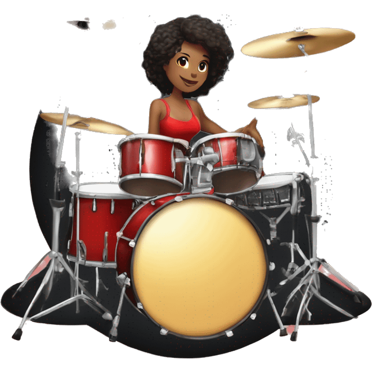 alistic full body caucasian curvy beauty short black skirt front view knickers long white socks sitting playing red drumkit emoji