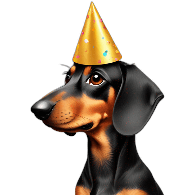 sideview of a dachshund wearing a party hat emoji